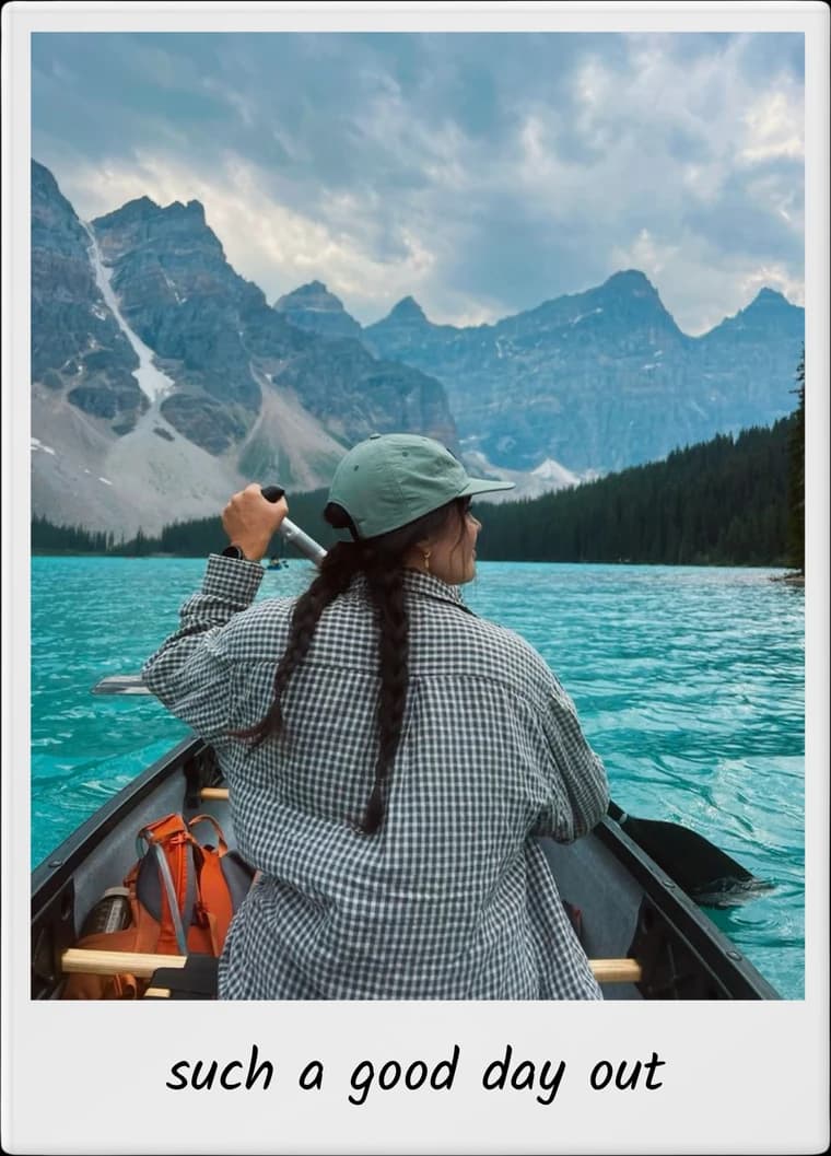 TripMemo app features showing friends canoeing on Moraine Lake in a captioned travel Polaroid
