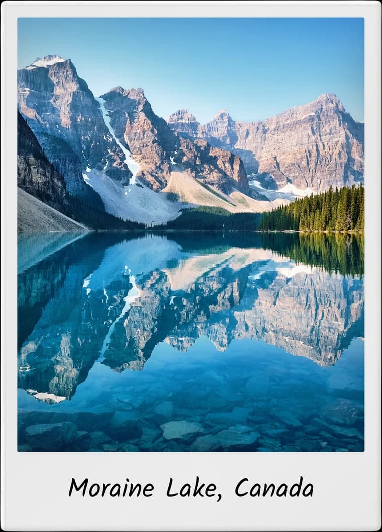 TripMemo app features showing a Moraine Lake travel Polaroid with a handwritten caption