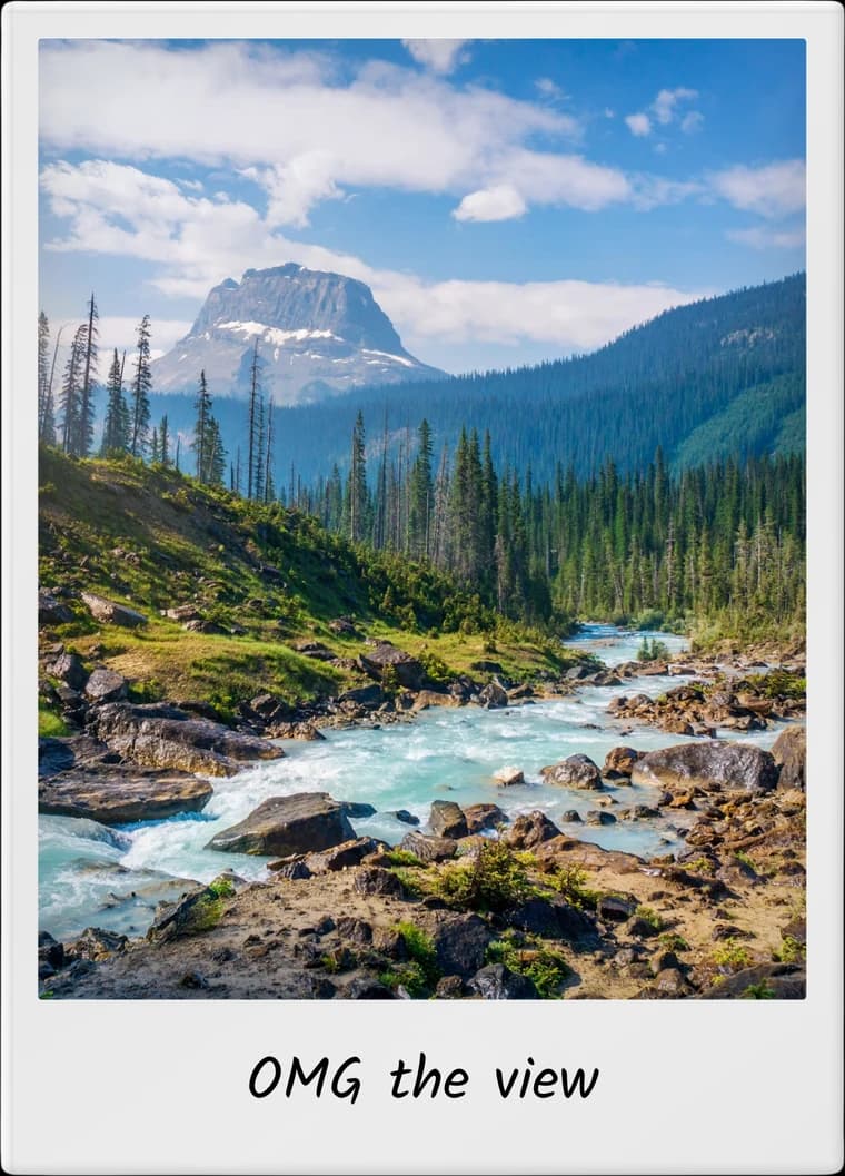 TripMemo app features showing a Canadian mountain stream Polaroid with a handwritten caption
