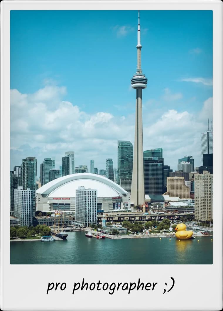 TripMemo app features showing a Toronto skyline travel Polaroid with a playful caption