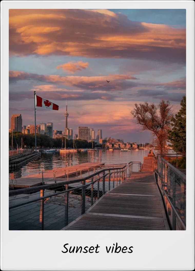 TripMemo app features showing a Toronto waterfront sunset Polaroid with a handwritten caption