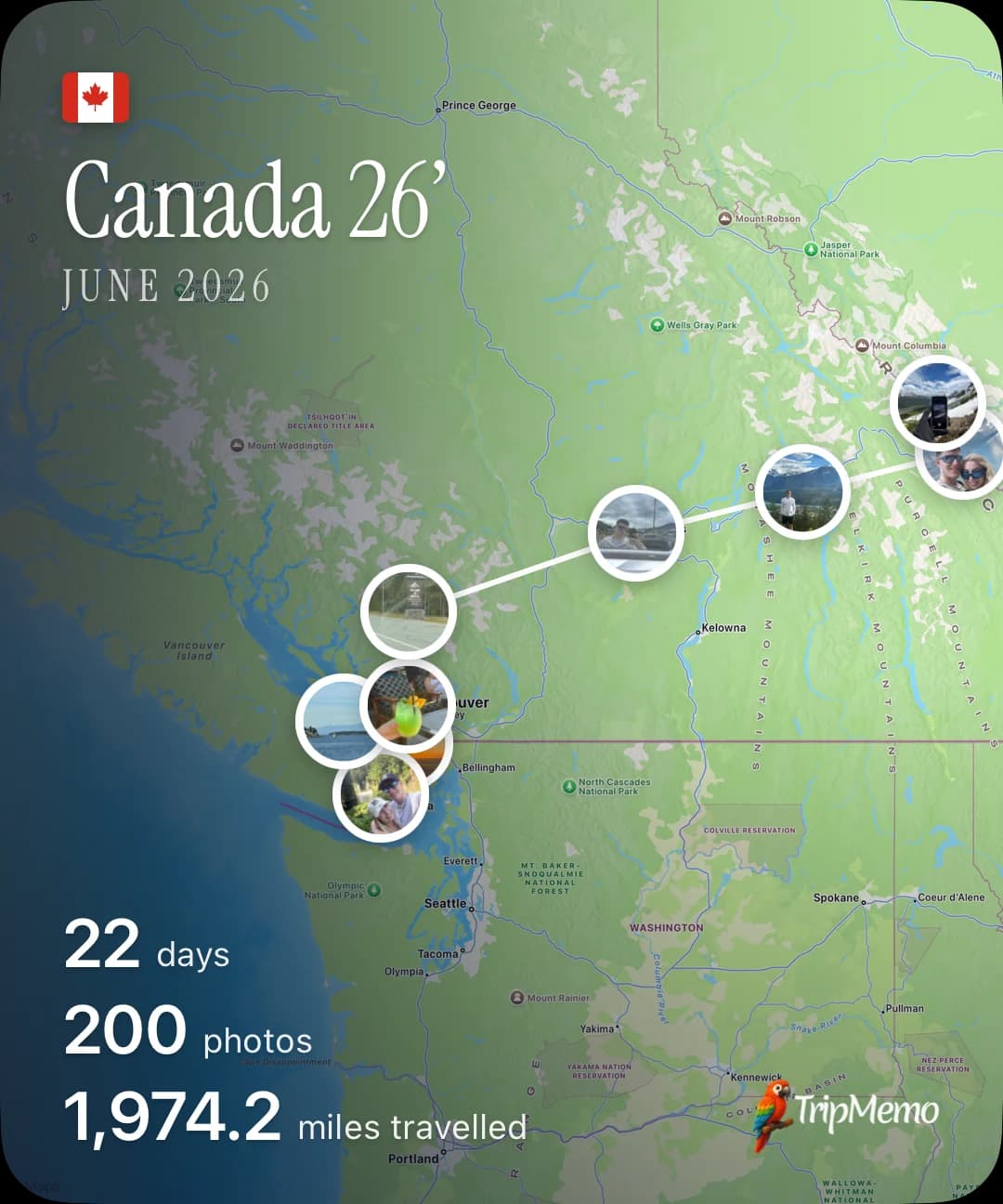 TripMemo app features showing a shareable Canada TripMap card with 22 days, 200 photos and distance travelled