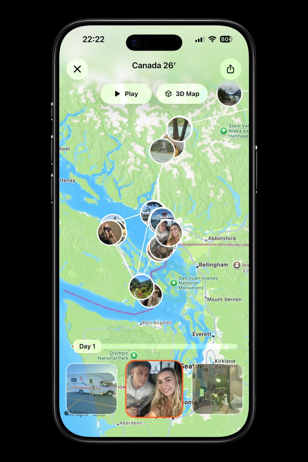 TripMemo app features showing a Canada TripMap route, photo timeline, journey replay and 3D map on iPhone