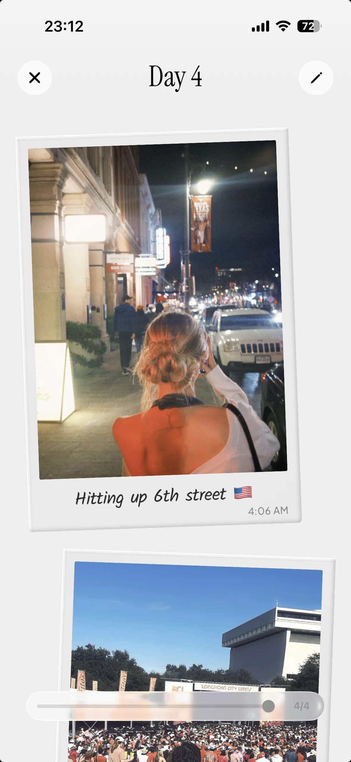 TripMemo app features showing an Austin TripBook day page with travel Polaroids, captions and personal notes on iPhone