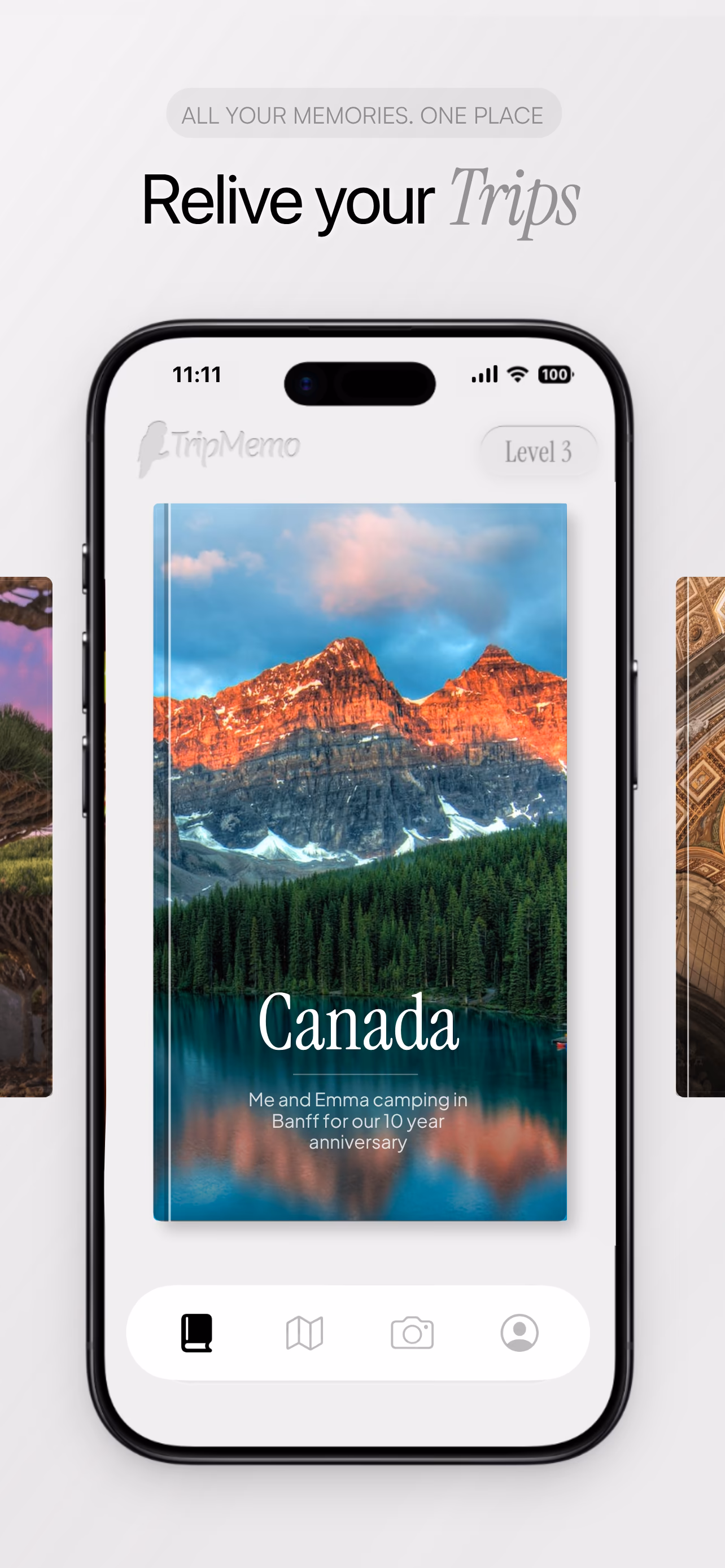 TripMemo iPhone app showing a Canada TripBook cover for reliving past trips