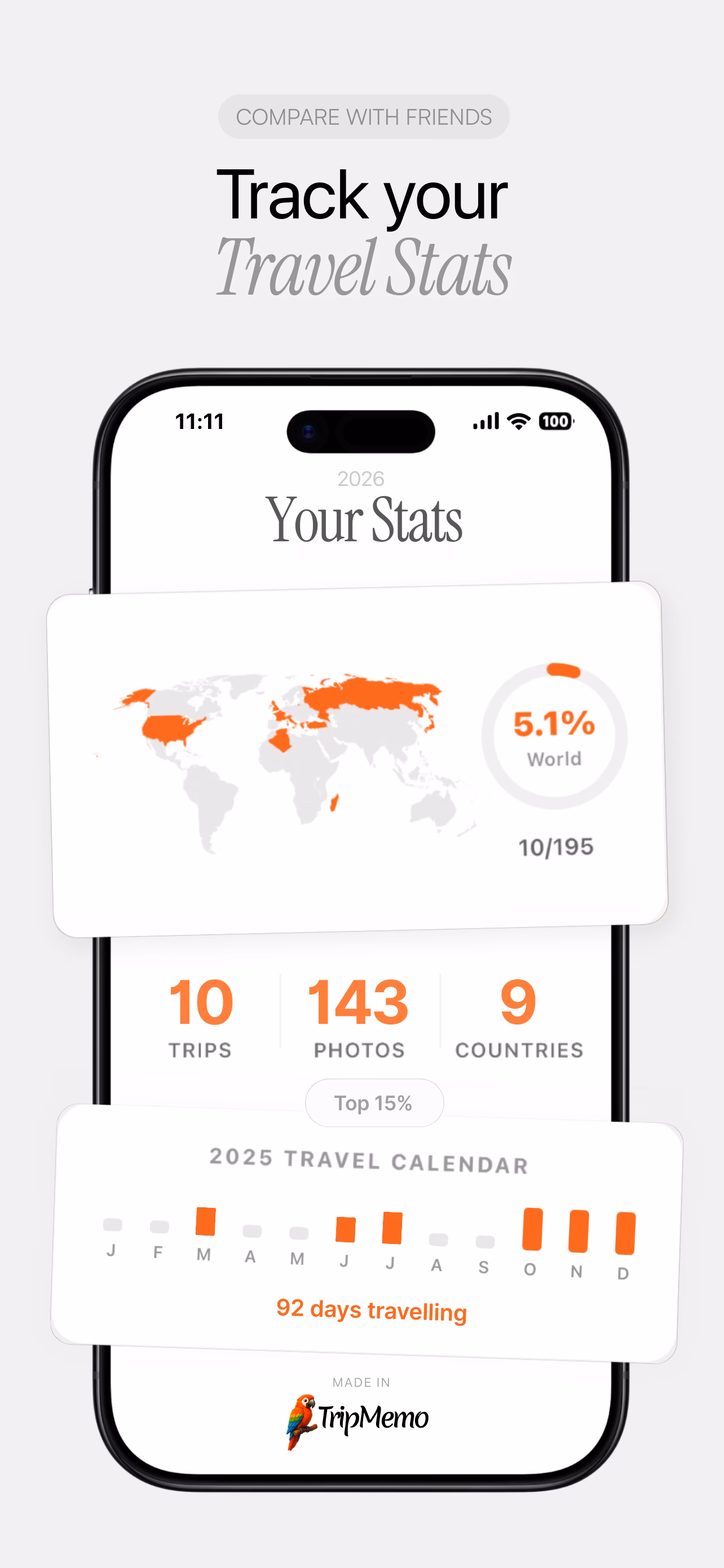 TripMemo iPhone app map displaying travel memories by country