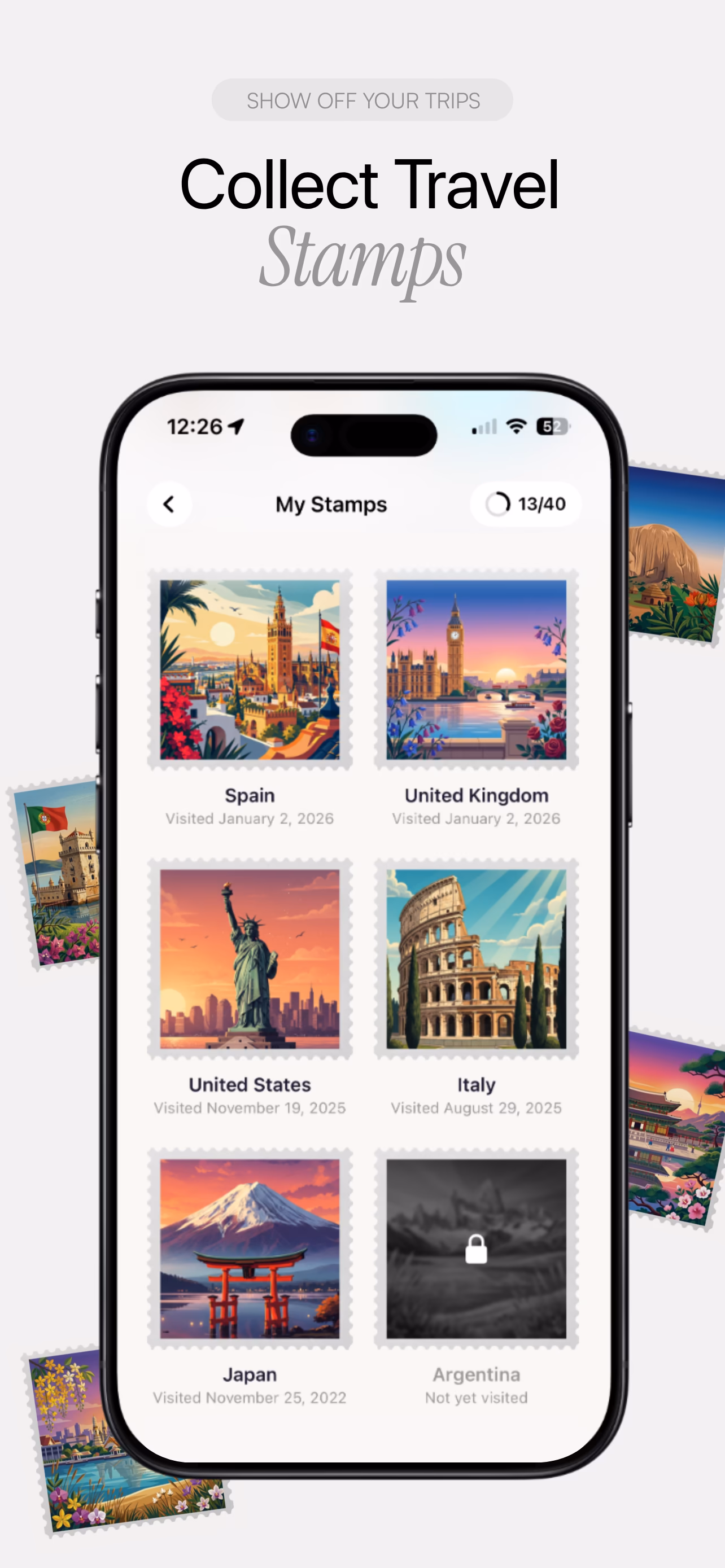 TripMemo travel stamp camera capturing a memory on iPhone