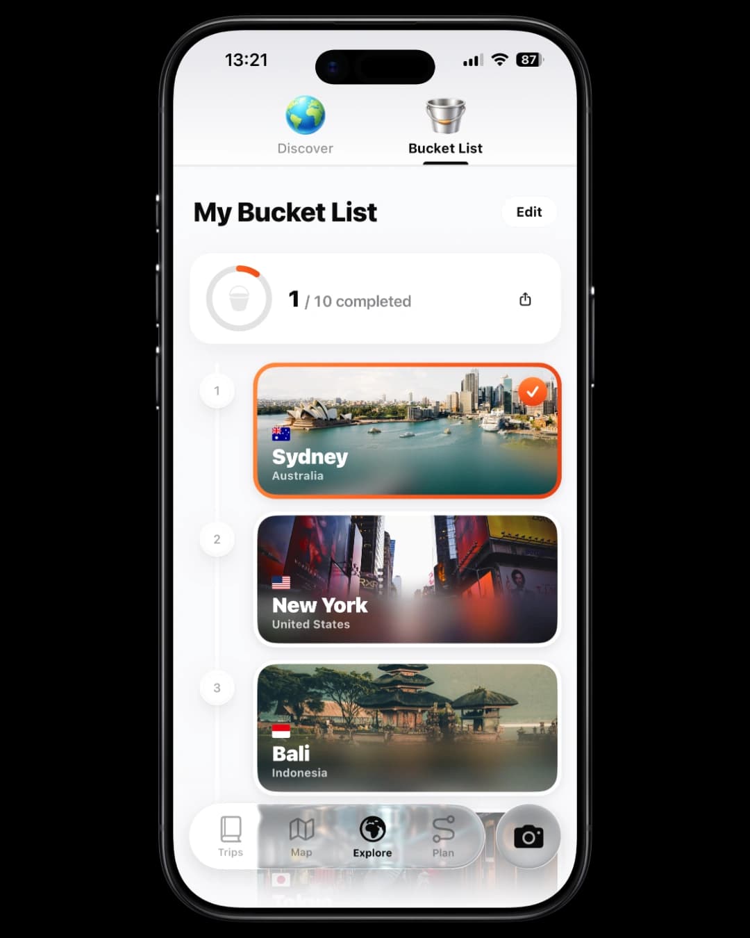 TripMemo iPhone app showing My Bucket List screen with Sydney ticked off, New York and Bali queued up next.