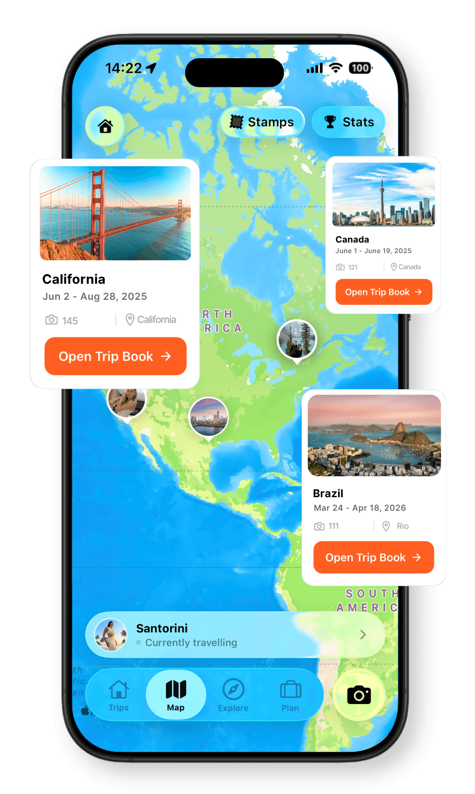 Travel map with floating California, Canada and Brazil TripBooks