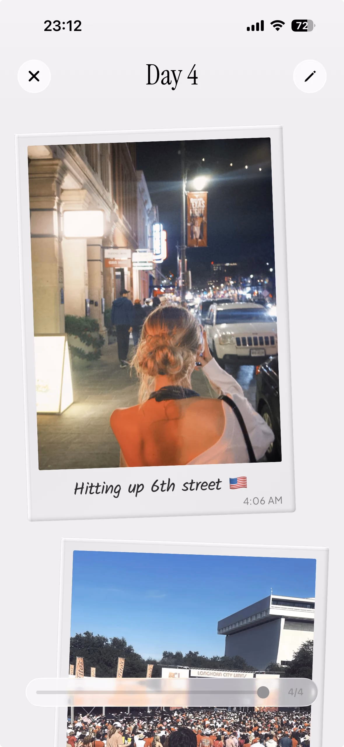 TripMemo day page with travel photos and a written caption