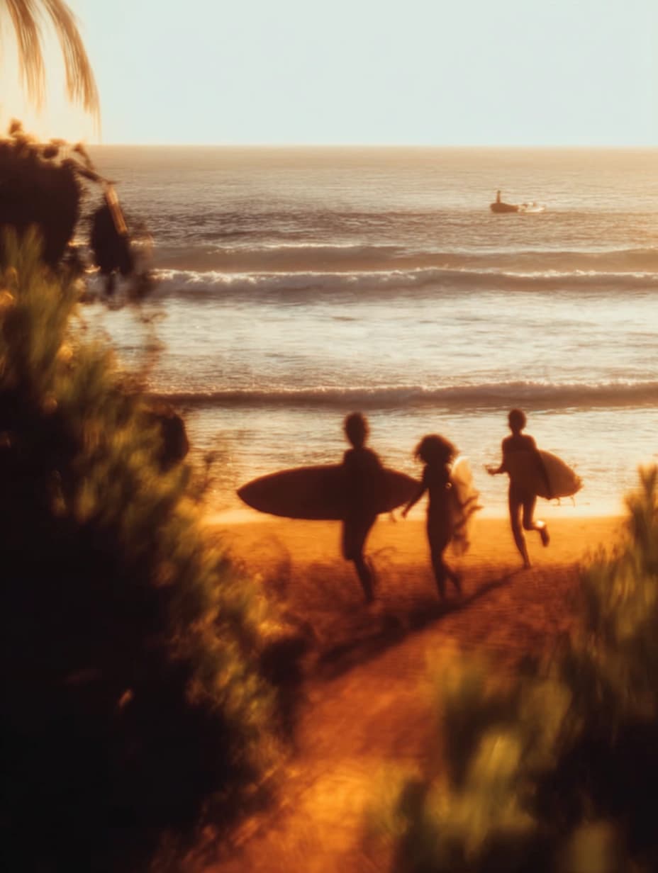 Surfers running towards the ocean in a realistic Polaroid-style print