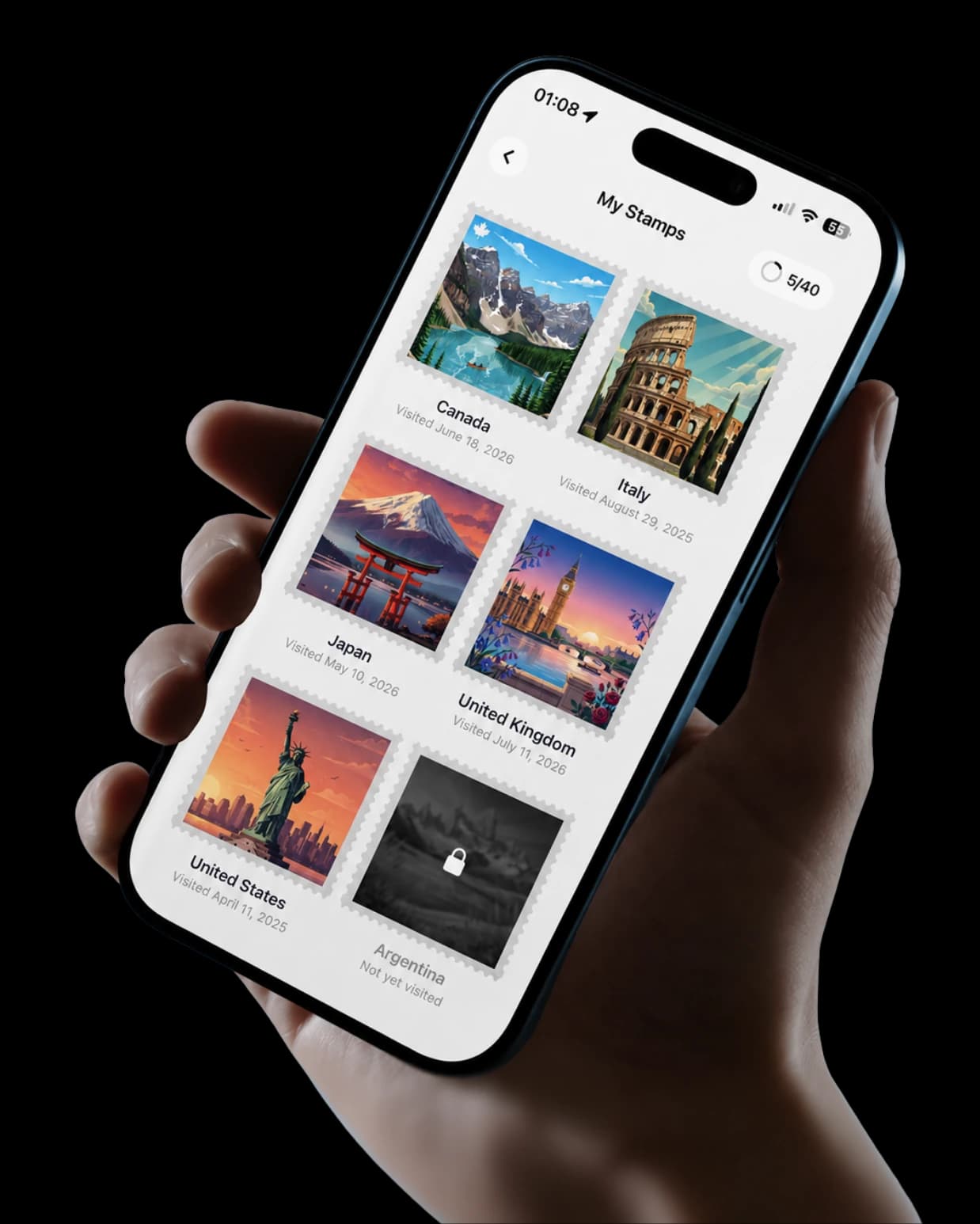TripMemo solo travel app on iPhone showing collectible country stamps from past trips