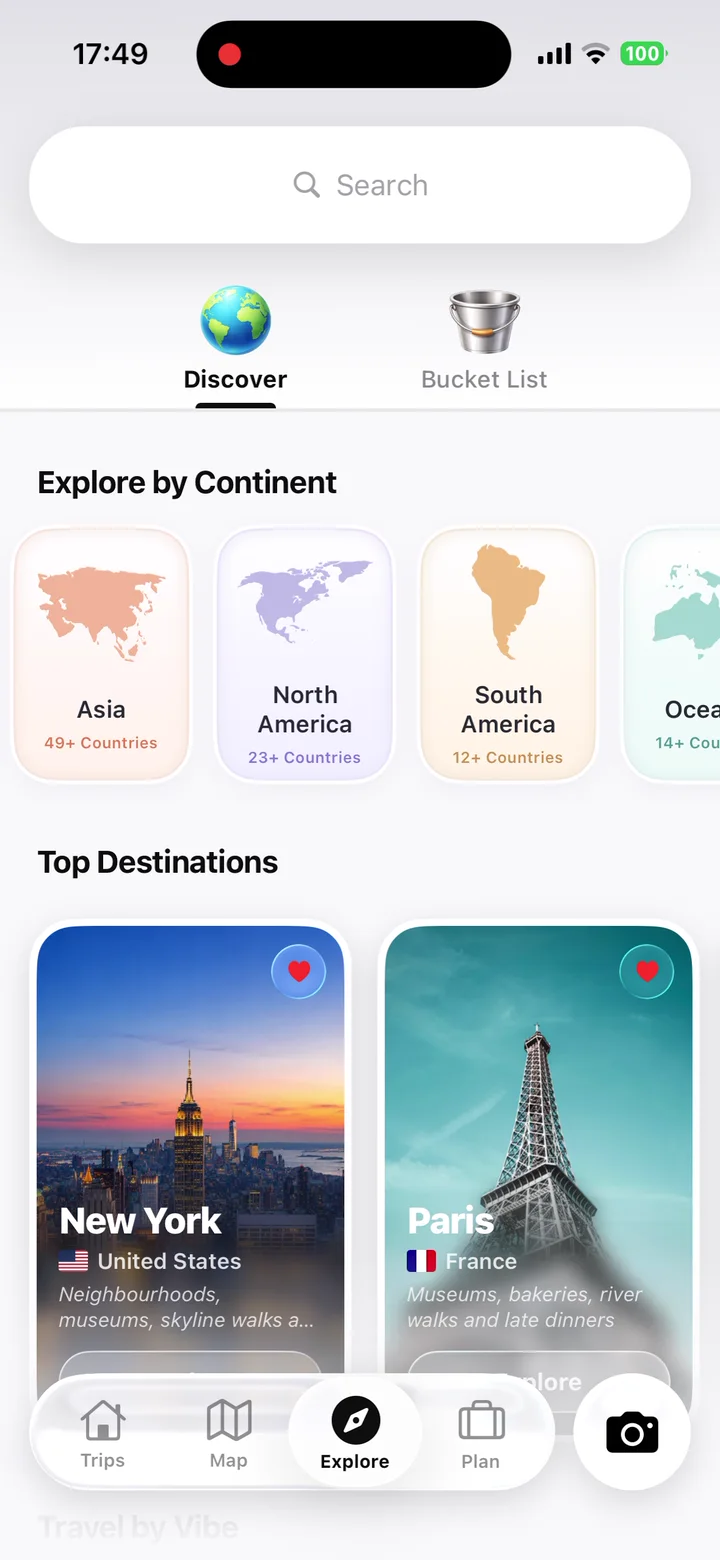 TripMemo digital nomad destination discovery screen with places organised by continent and travel vibe