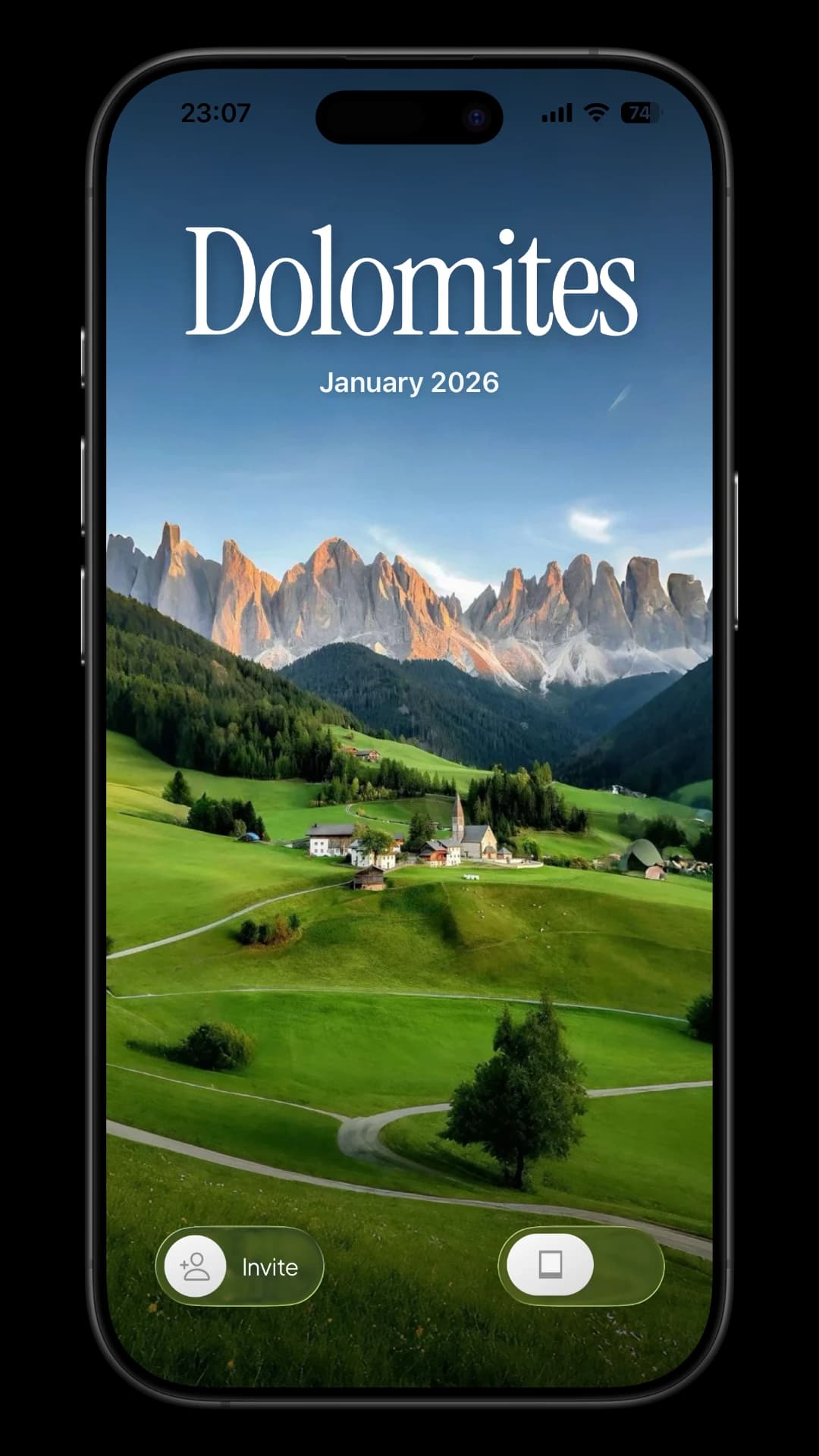 TripMemo solo travel journal app showing a private Dolomites TripBook on iPhone