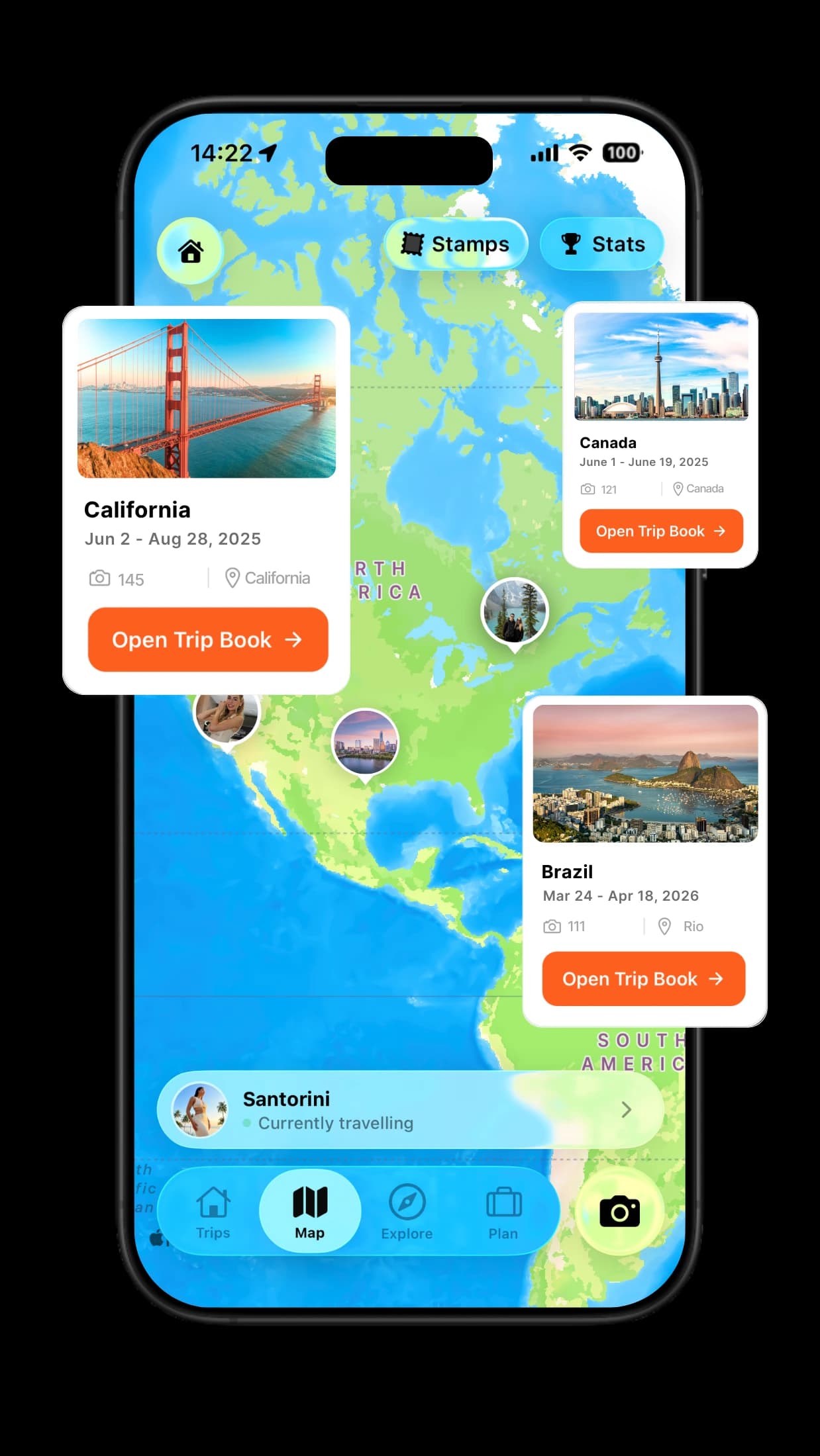 TripMemo solo travel tracker map showing photo TripBooks and routes around the world on iPhone