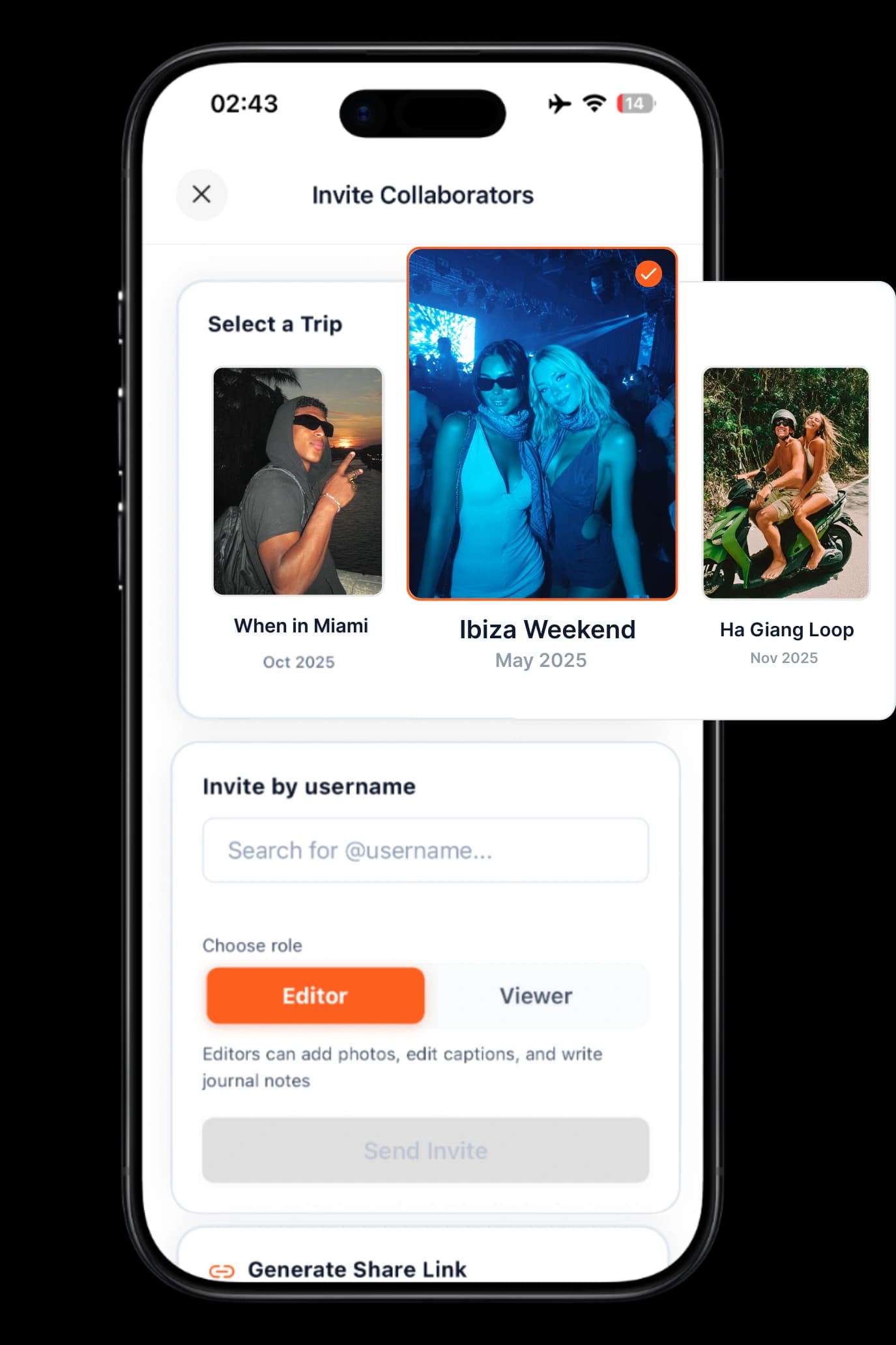 TripMemo shared solo travel journal invitation for travellers collaborating on one TripBook