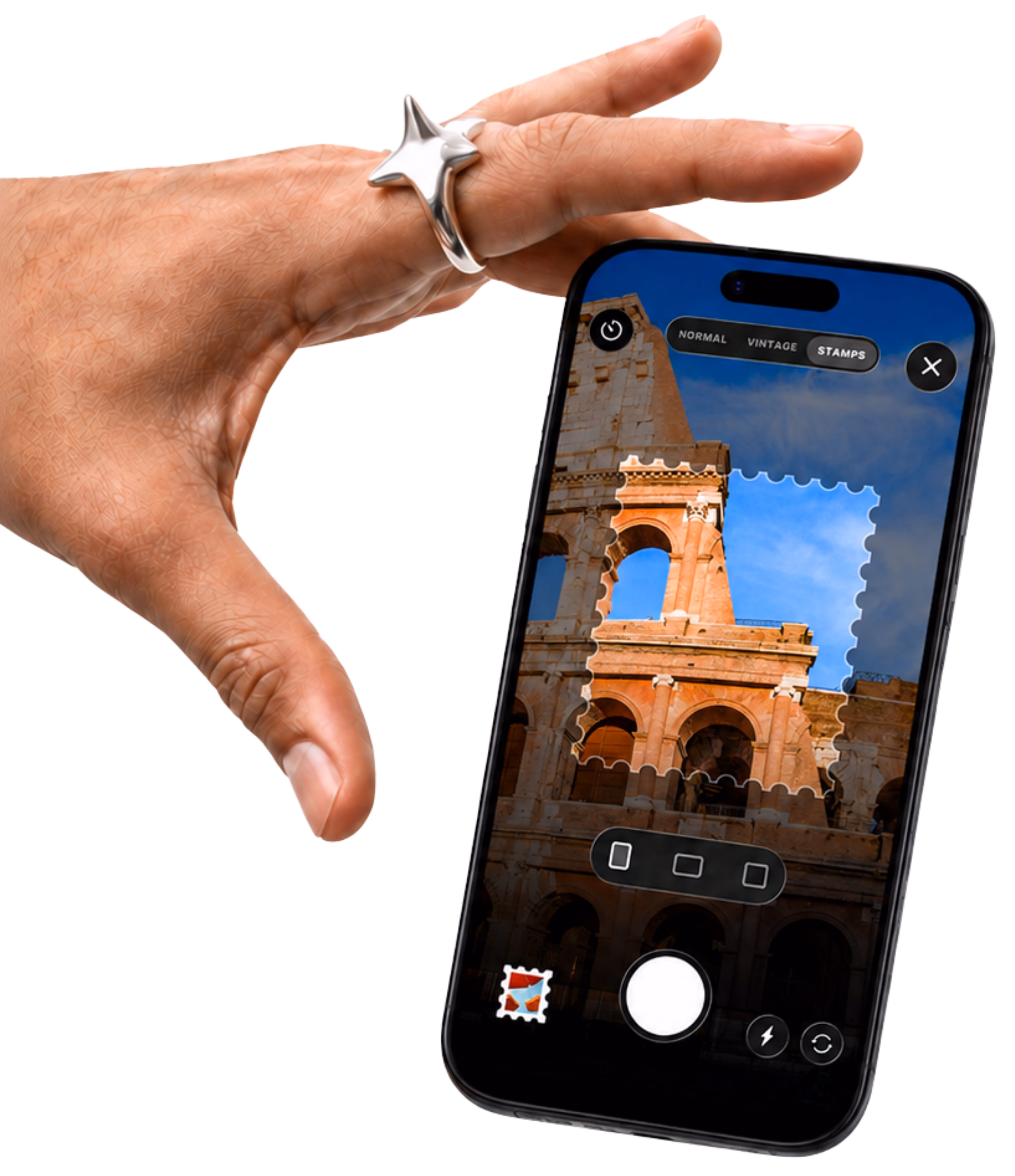 TripMemo Stamp Camera framing a Colosseum photo on iPhone