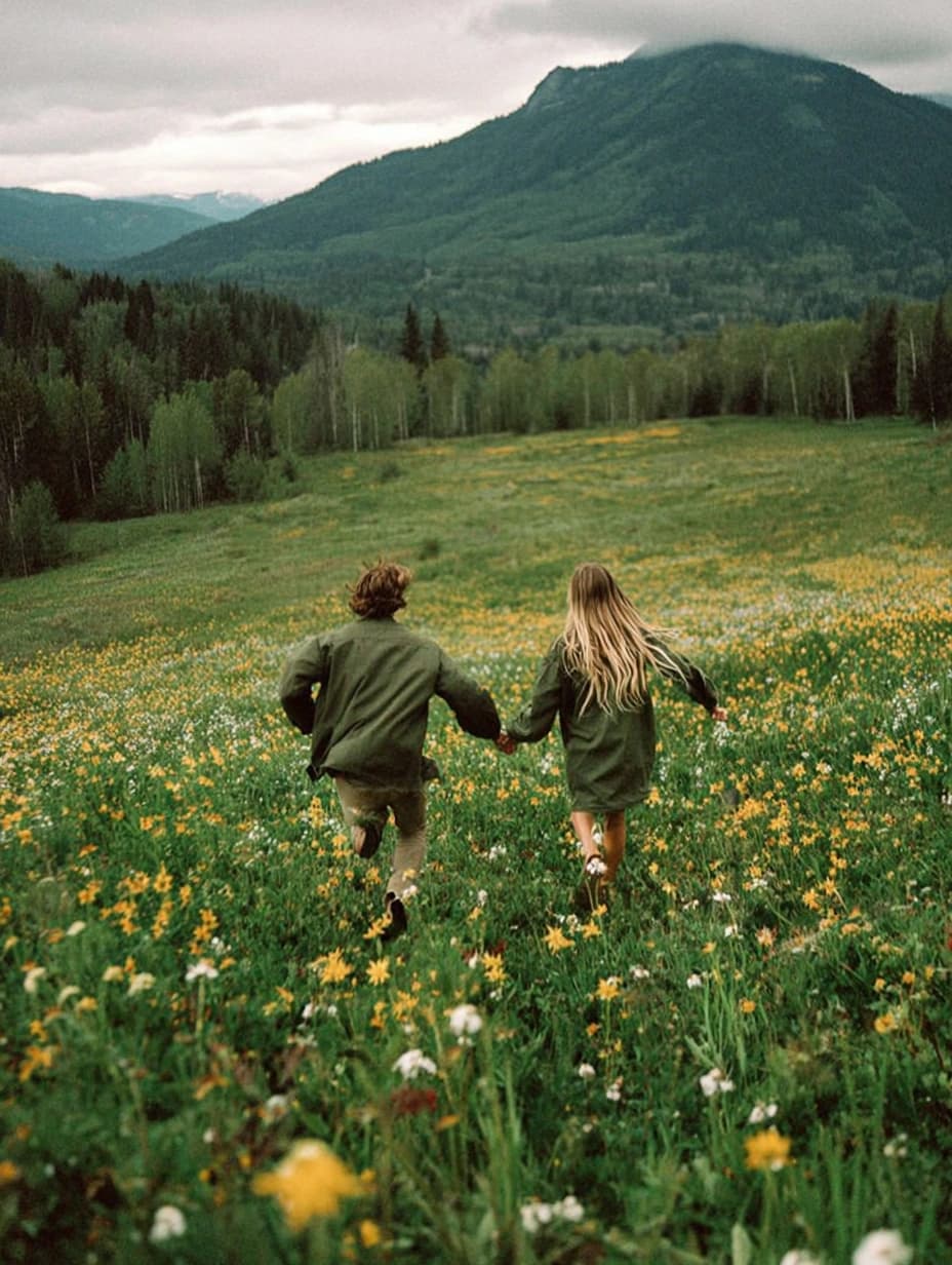 Couple running together through a field of flowers