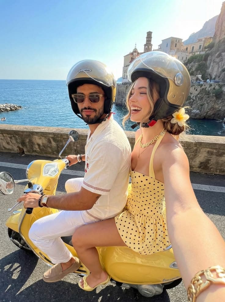 Couple riding a yellow scooter together beside the Amalfi Coast