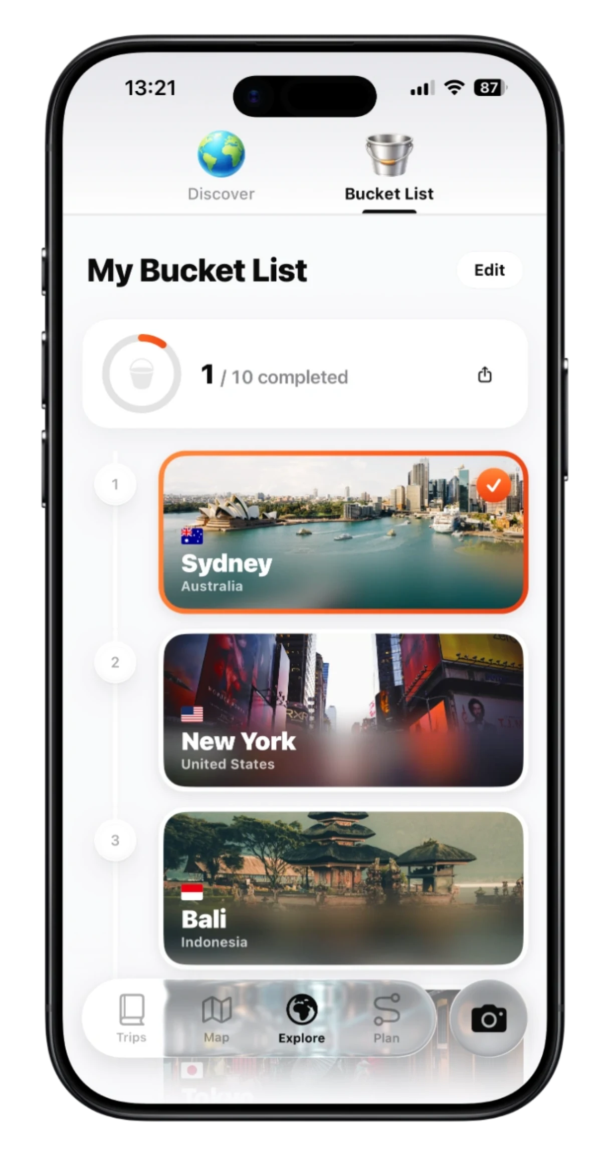 TripMemo app bucket list screen showing saved dream destinations on iPhone