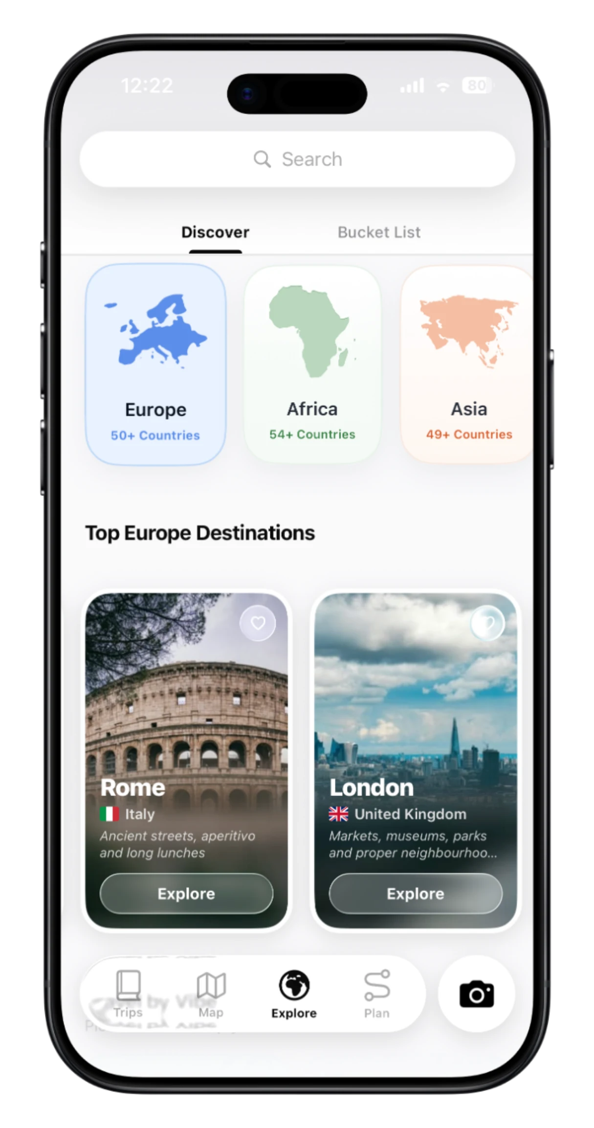TripMemo Explore page on iPhone in the glass-inspired design