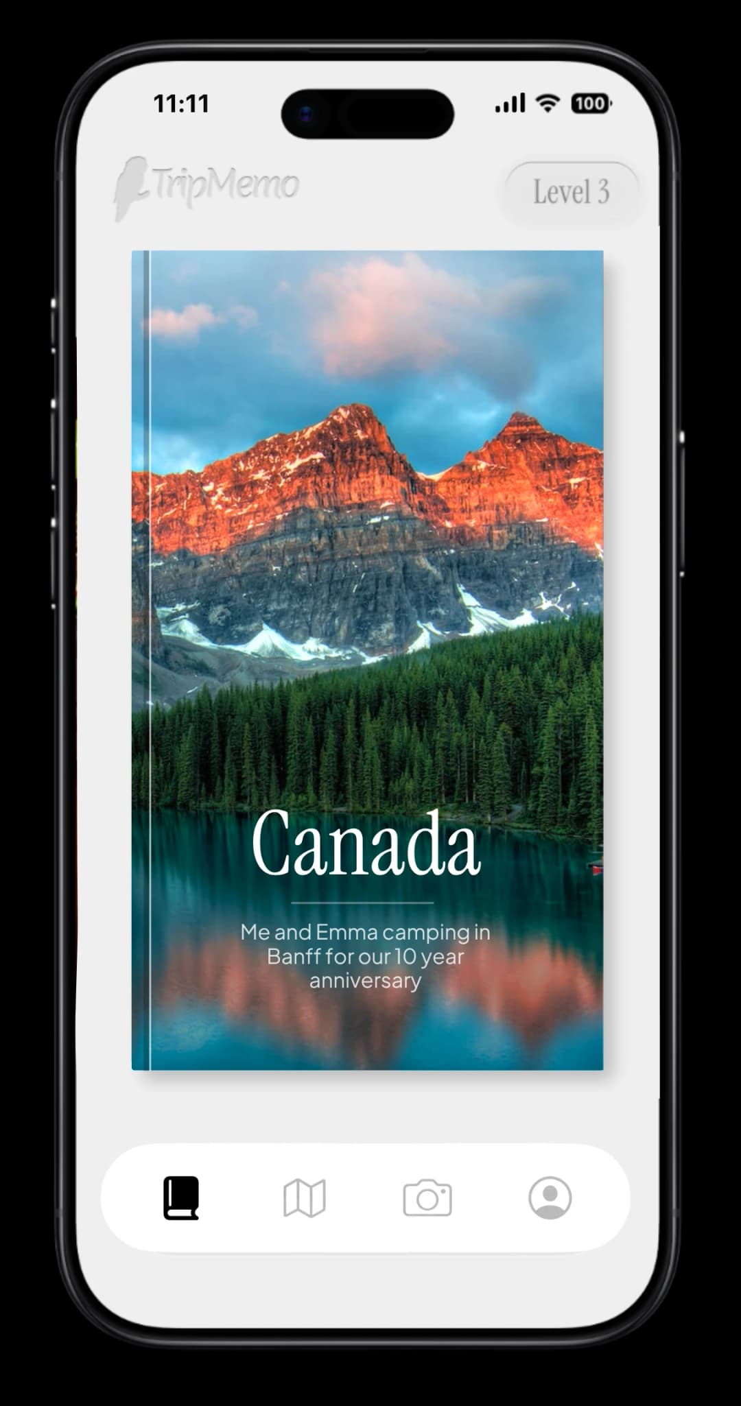 TripMemo app home screen showing a Canada TripBook