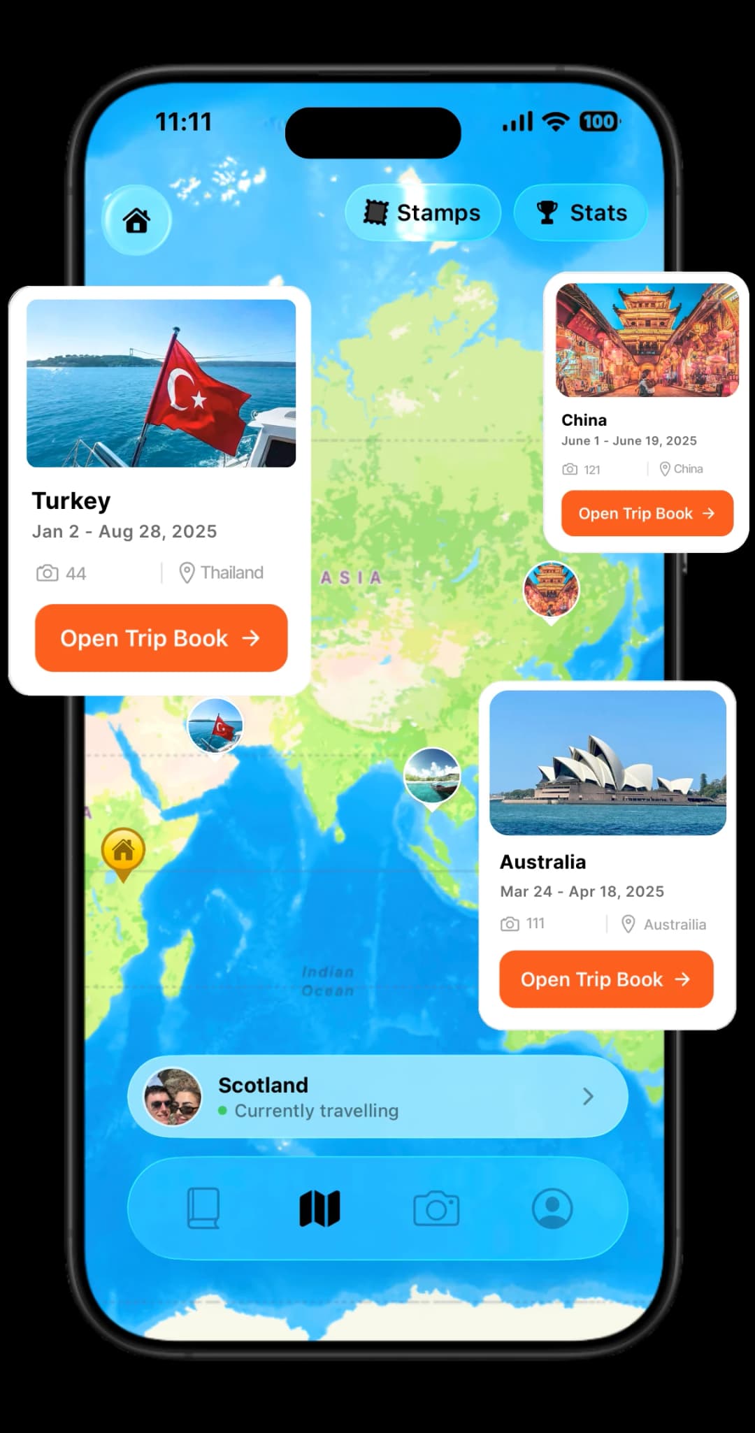 TripMemo map showing visited places