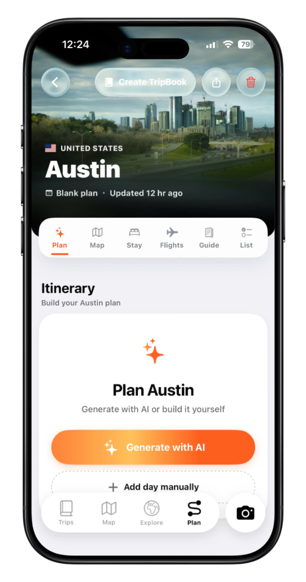 TripMemo app plan screen showing an Austin trip itinerary with AI planning, map, stays, and flights tabs on iPhone