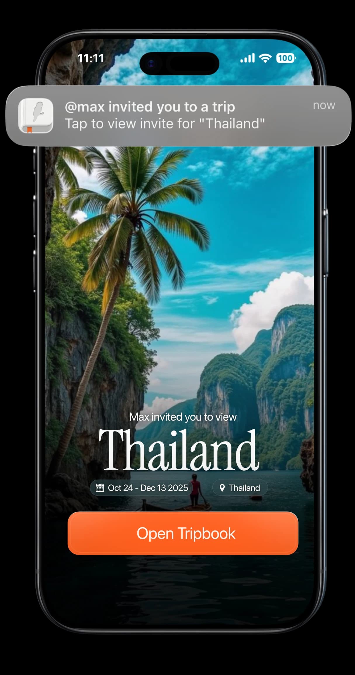 TripMemo trip invite screen sharing a Thailand trip on iPhone