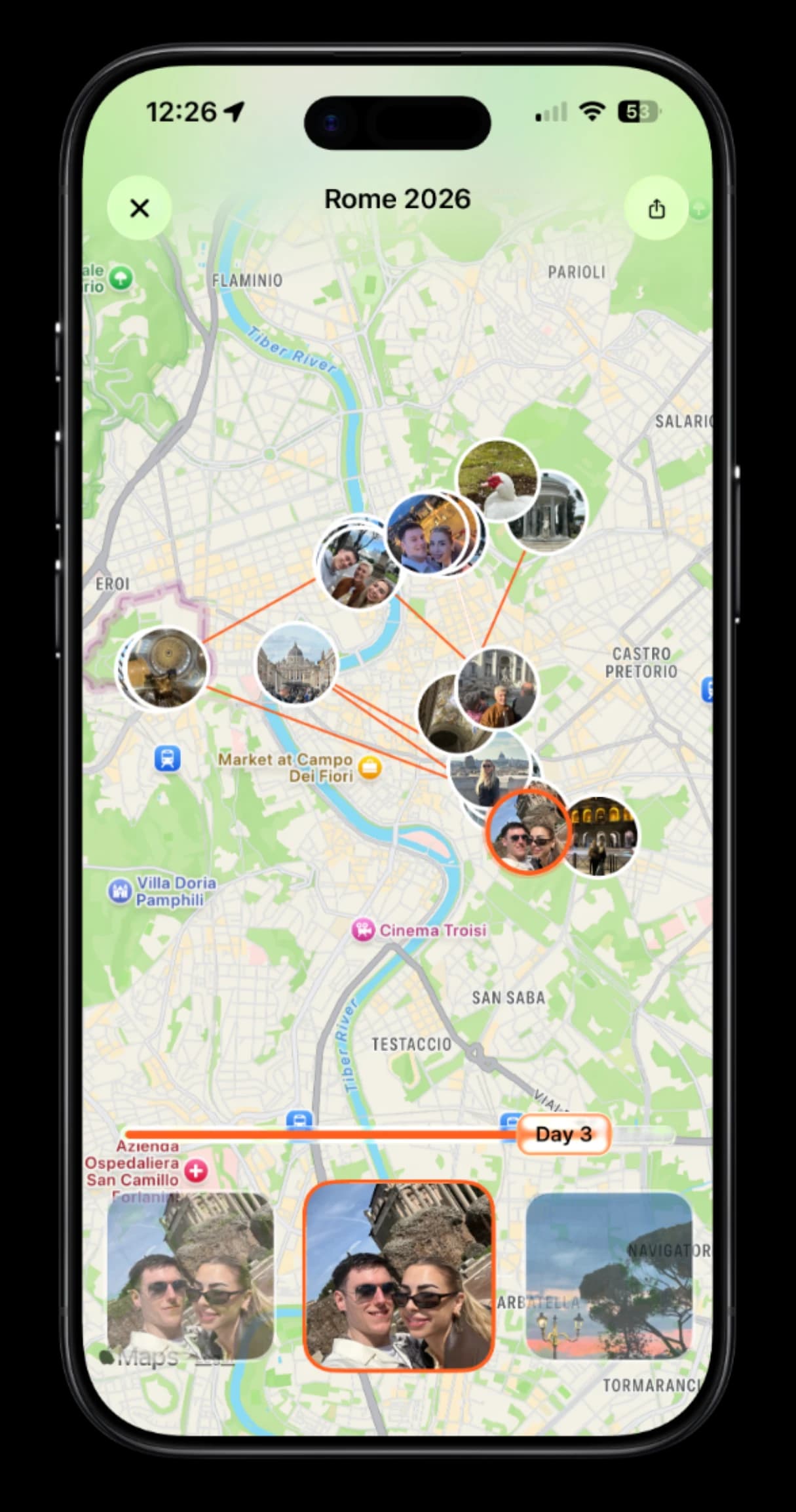 TripMemo route tracking screen showing a mapped day-by-day trip on iPhone