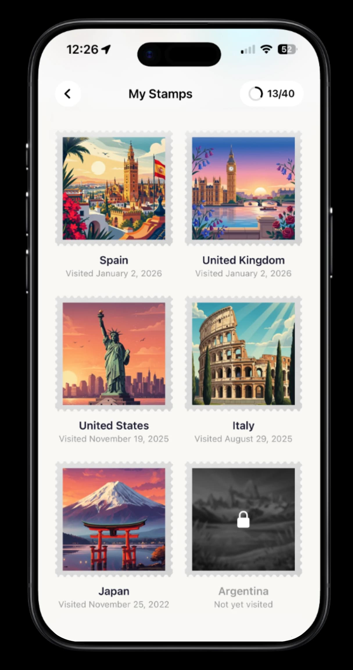 TripMemo travel stamps collection screen on iPhone