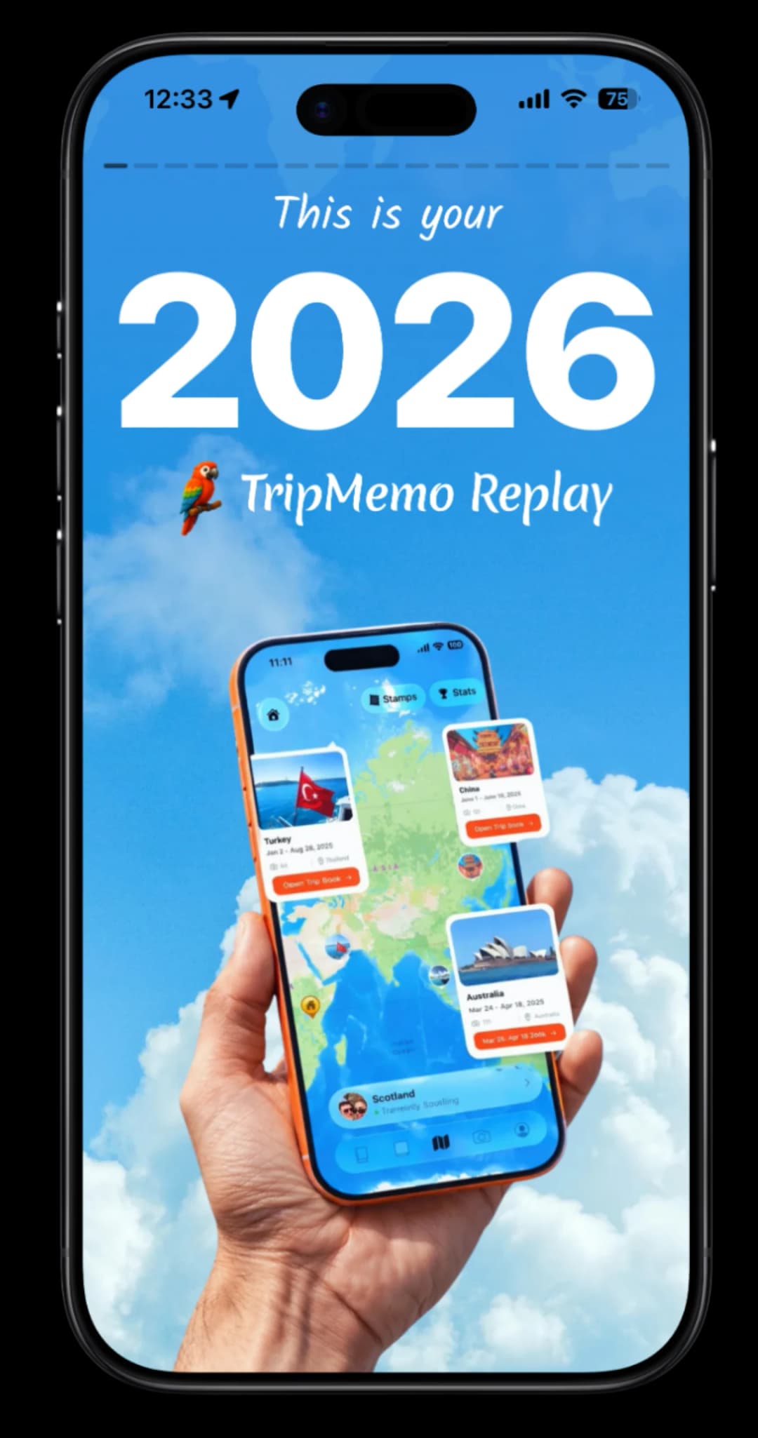 TripMemo animated travel replay showing a journey