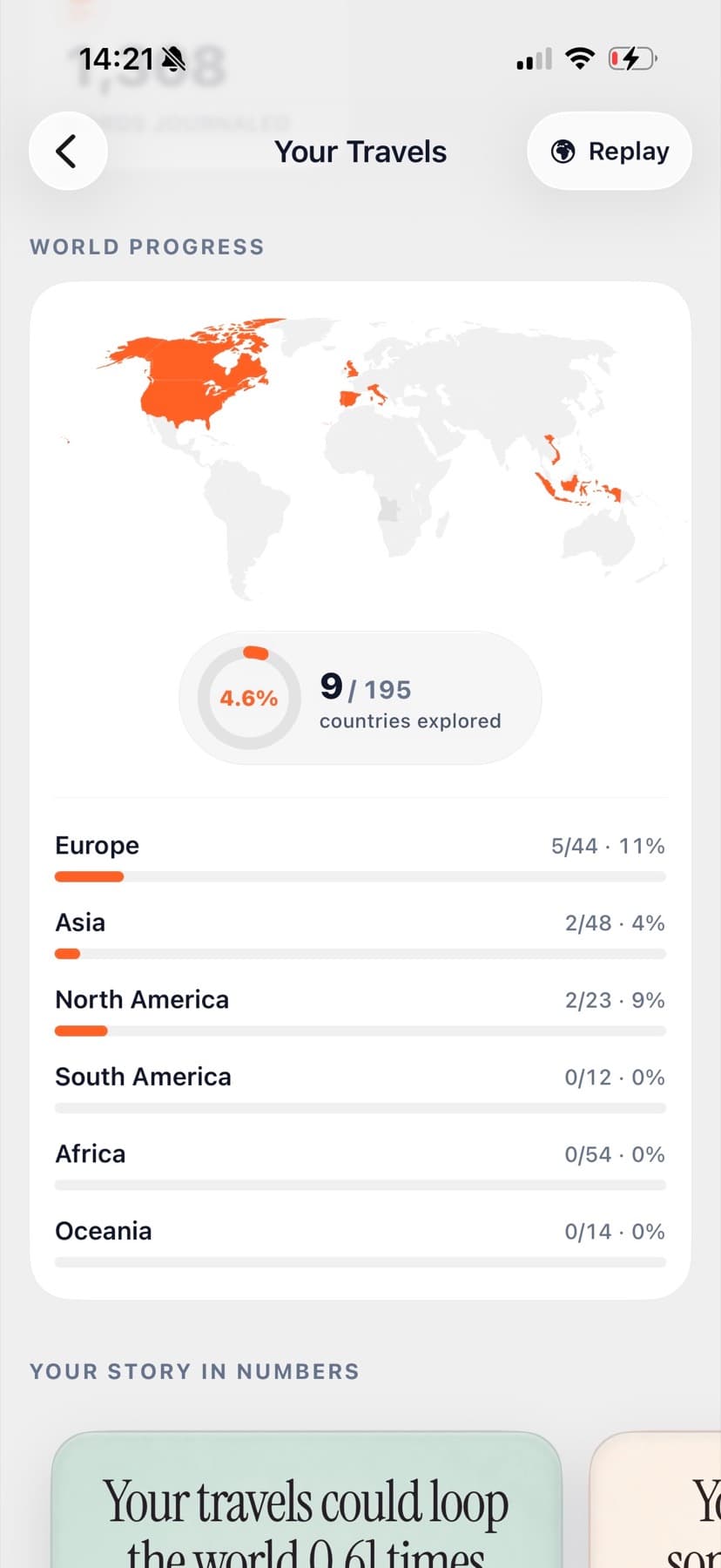 TripMemo travel stats showing countries visited, world progress and progress by continent on iPhone