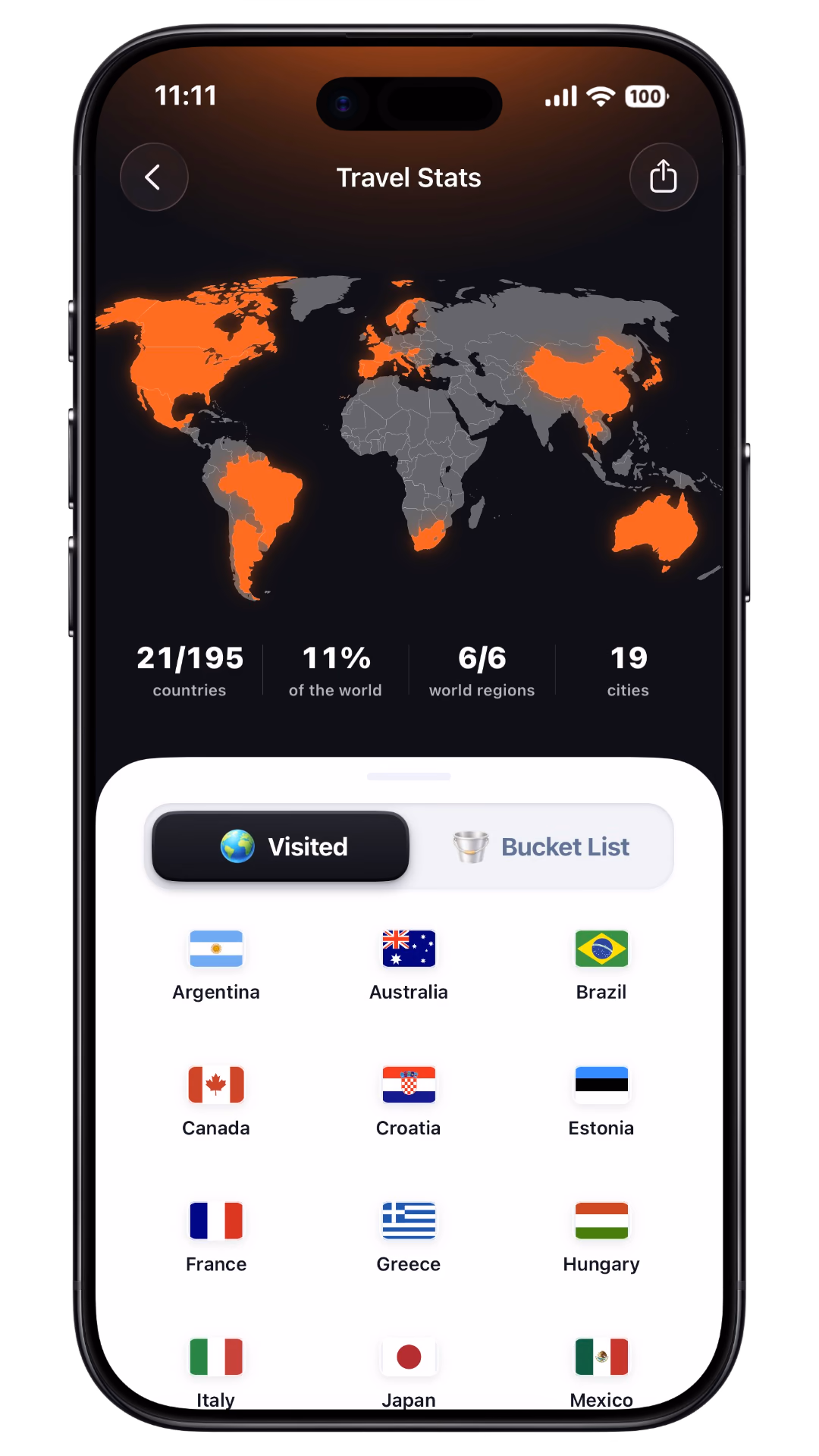 TripMemo Travel Stats showing visited countries, world progress, cities and the Visited and Bucket List controls
