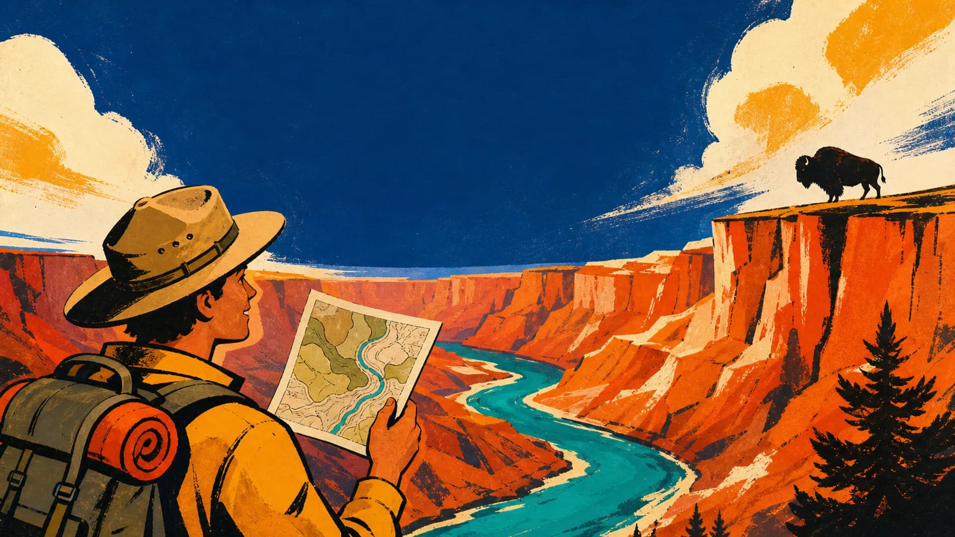 Illustrated hiker unfolding a map above a dramatic canyon landscape