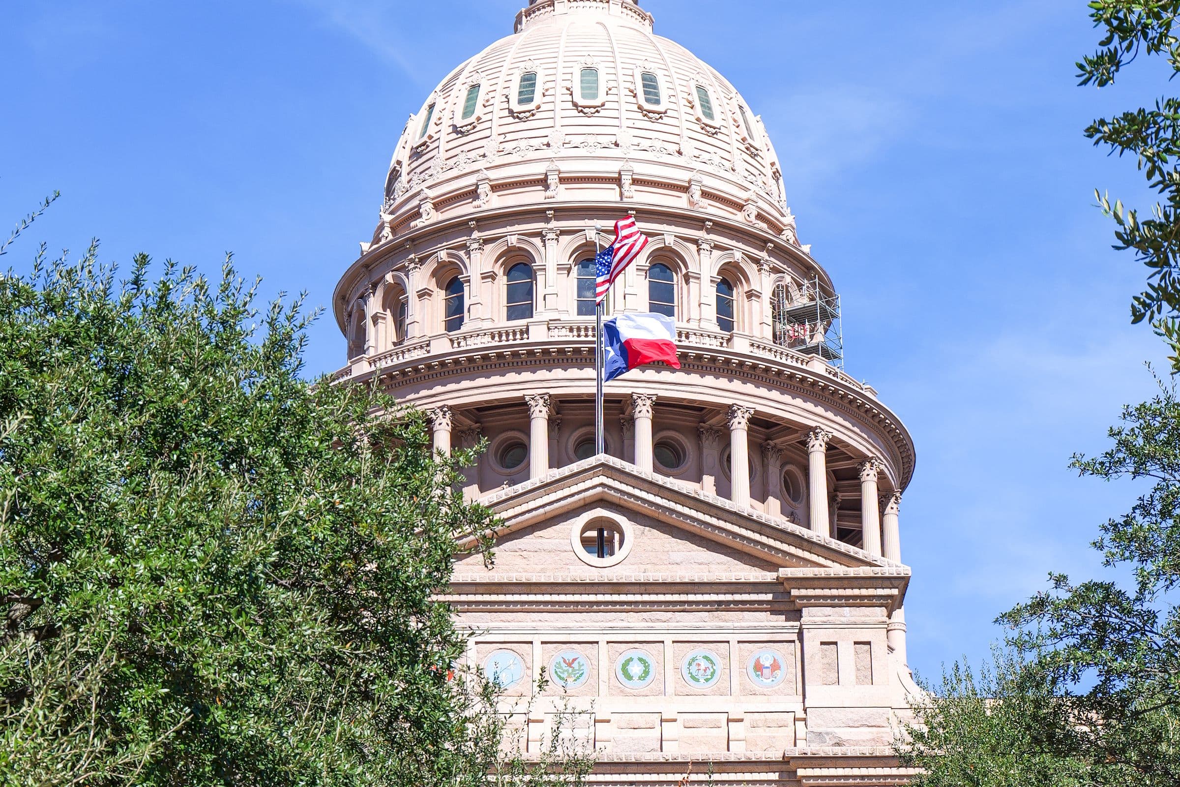 Texas State Capitol framed by trees and a clear sky