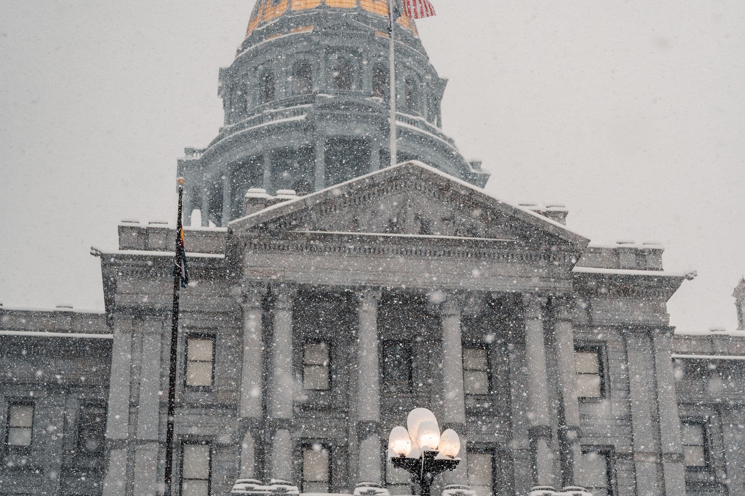 Colorado State Capitol during a Denver snowfall