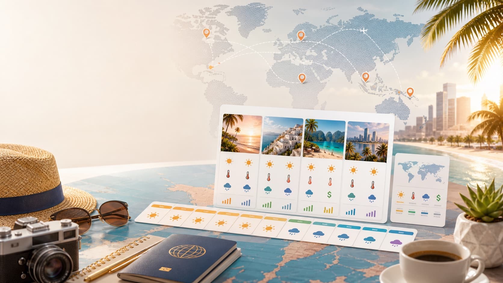 Warm Country Finder sunny destinations by month tool with world map, beach cards, weather icons, climate tiles, and budget indicators
