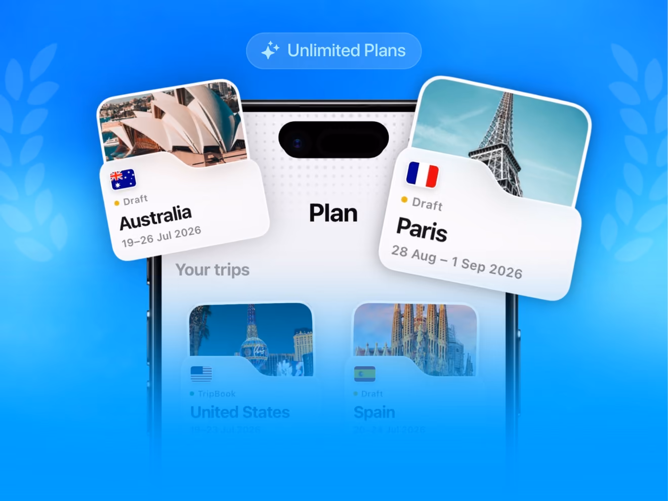 TripMemo Plan screen on iPhone with draft trips to Australia and Paris