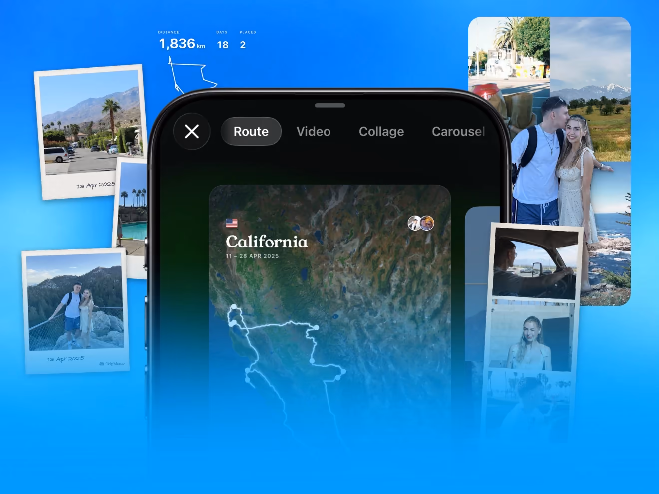 TripMemo route card for a California road trip surrounded by trip photos