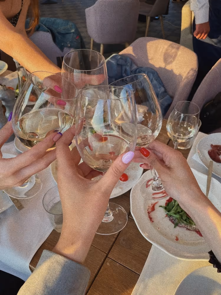Friends raising wine glasses together at dinner on a shared trip