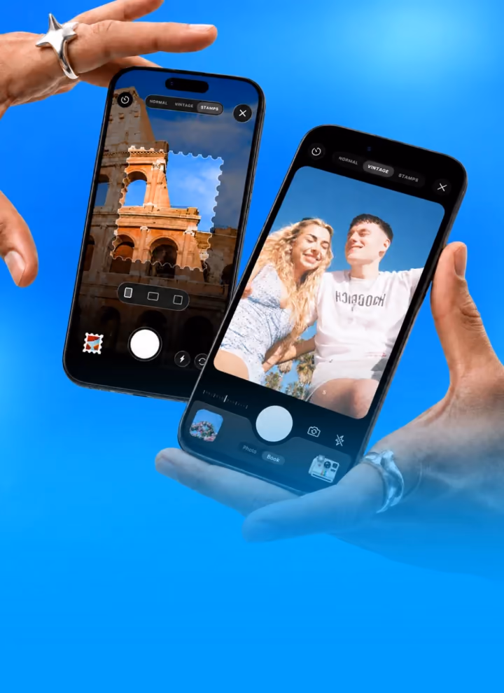 Hands holding two iPhones showing the TripMemo camera, one framing the Colosseum