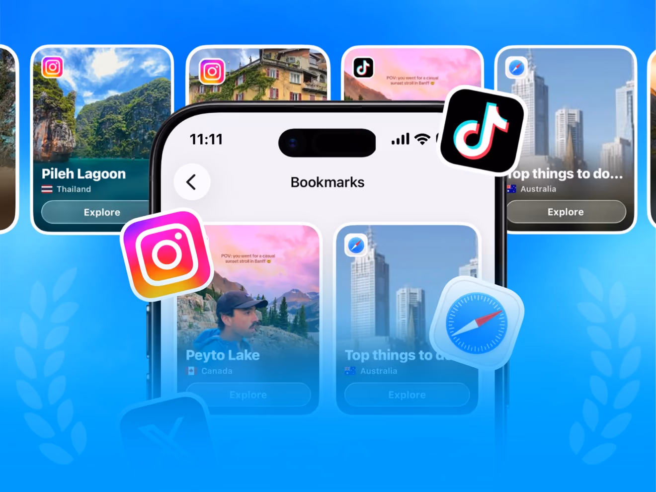 TripMemo Bookmarks screen with places saved from Instagram, TikTok and Safari