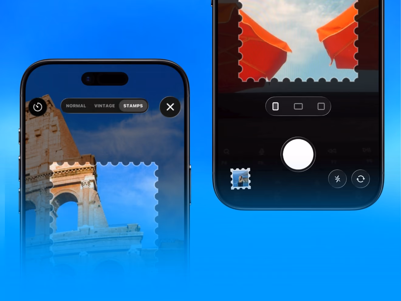 TripMemo Stamp Camera turning a photo of the Colosseum into a perforated travel stamp