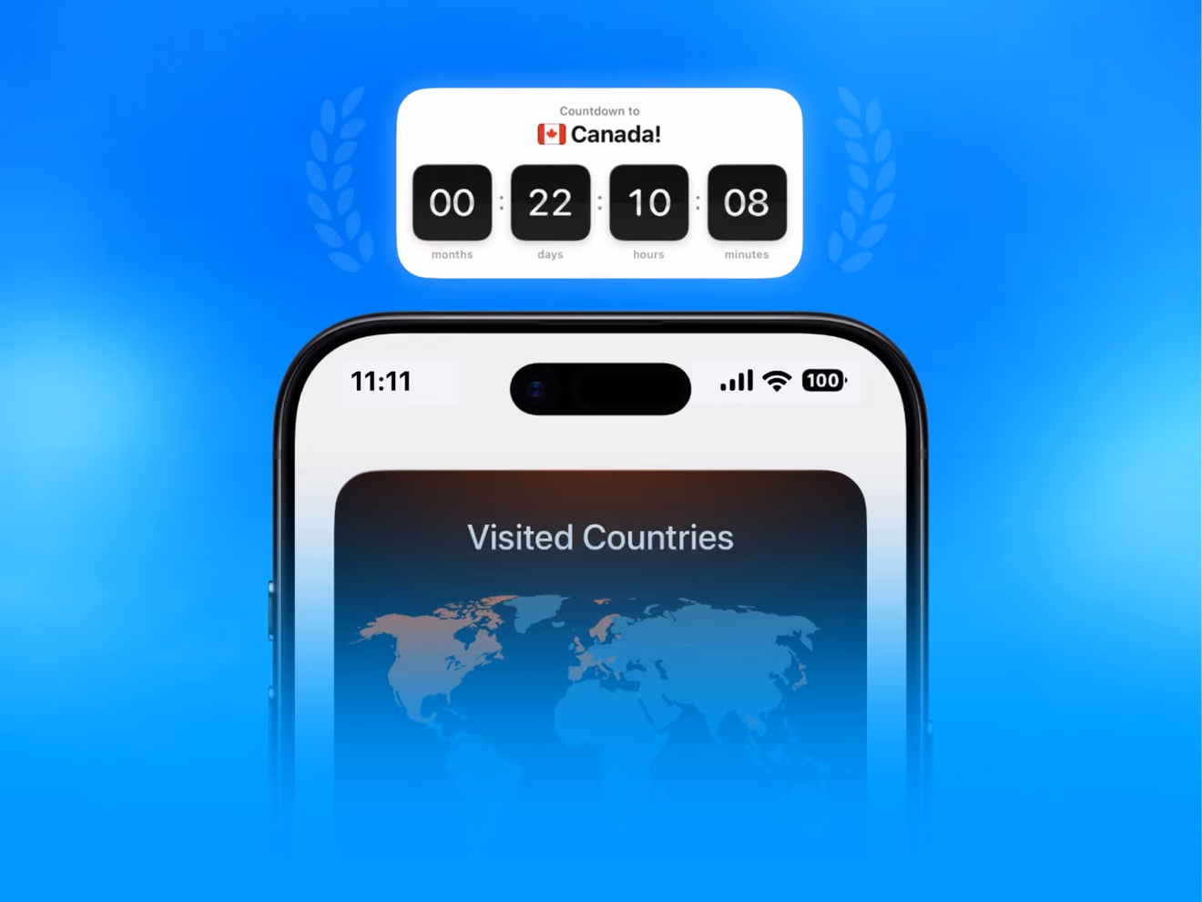 TripMemo widgets on iPhone: a countdown to a Canada trip and a Visited Countries map