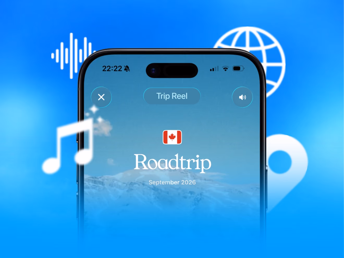 TripMemo TripReel video of a Canada road trip with music and voice icons on a blue sky