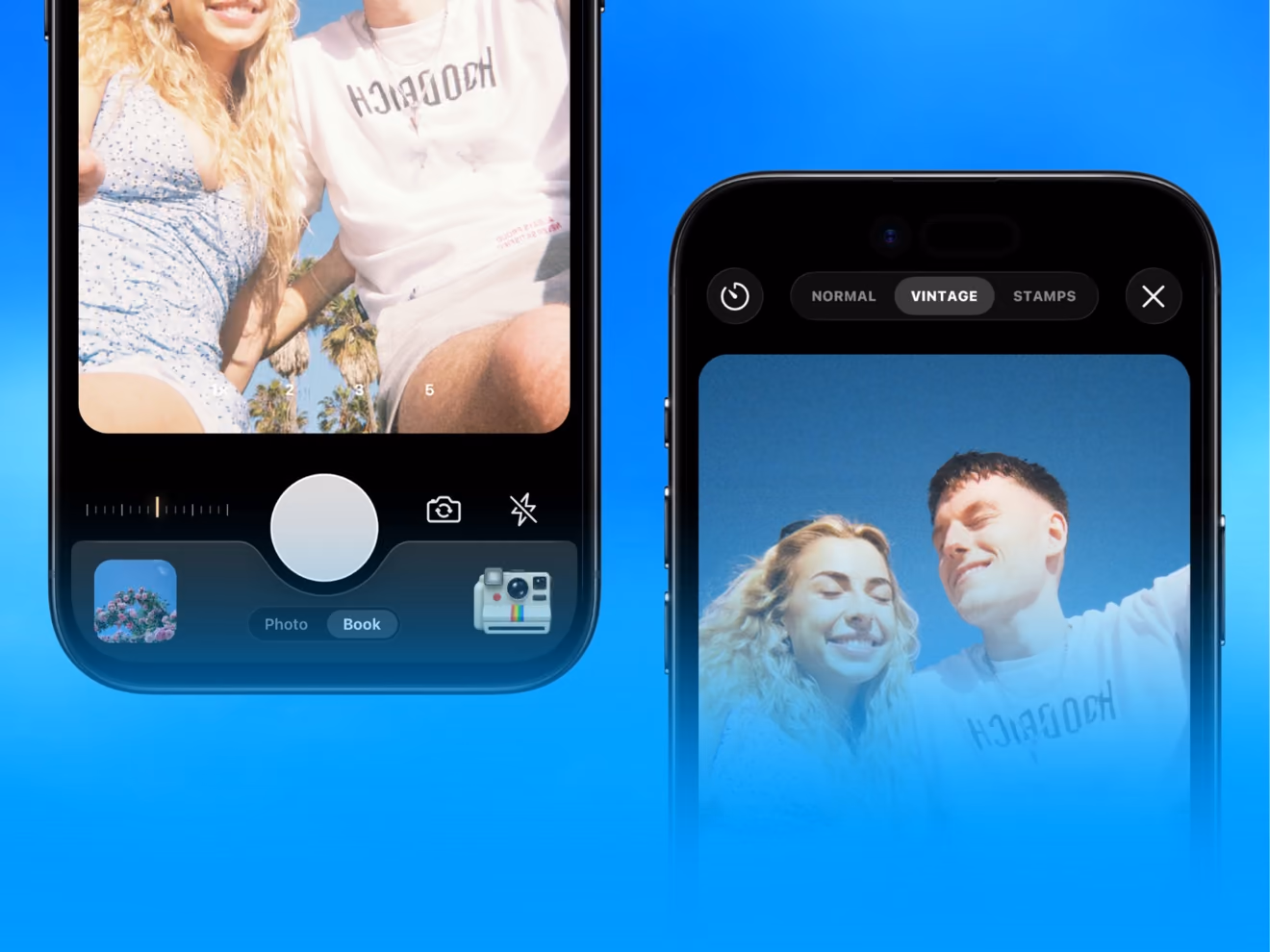 Two iPhones running TripMemo's vintage film camera, one showing a couple's photo
