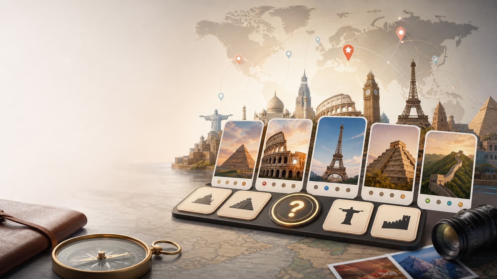 World Landmarks Quiz famous travel landmarks game with landmark cards compass camera and answer tiles
