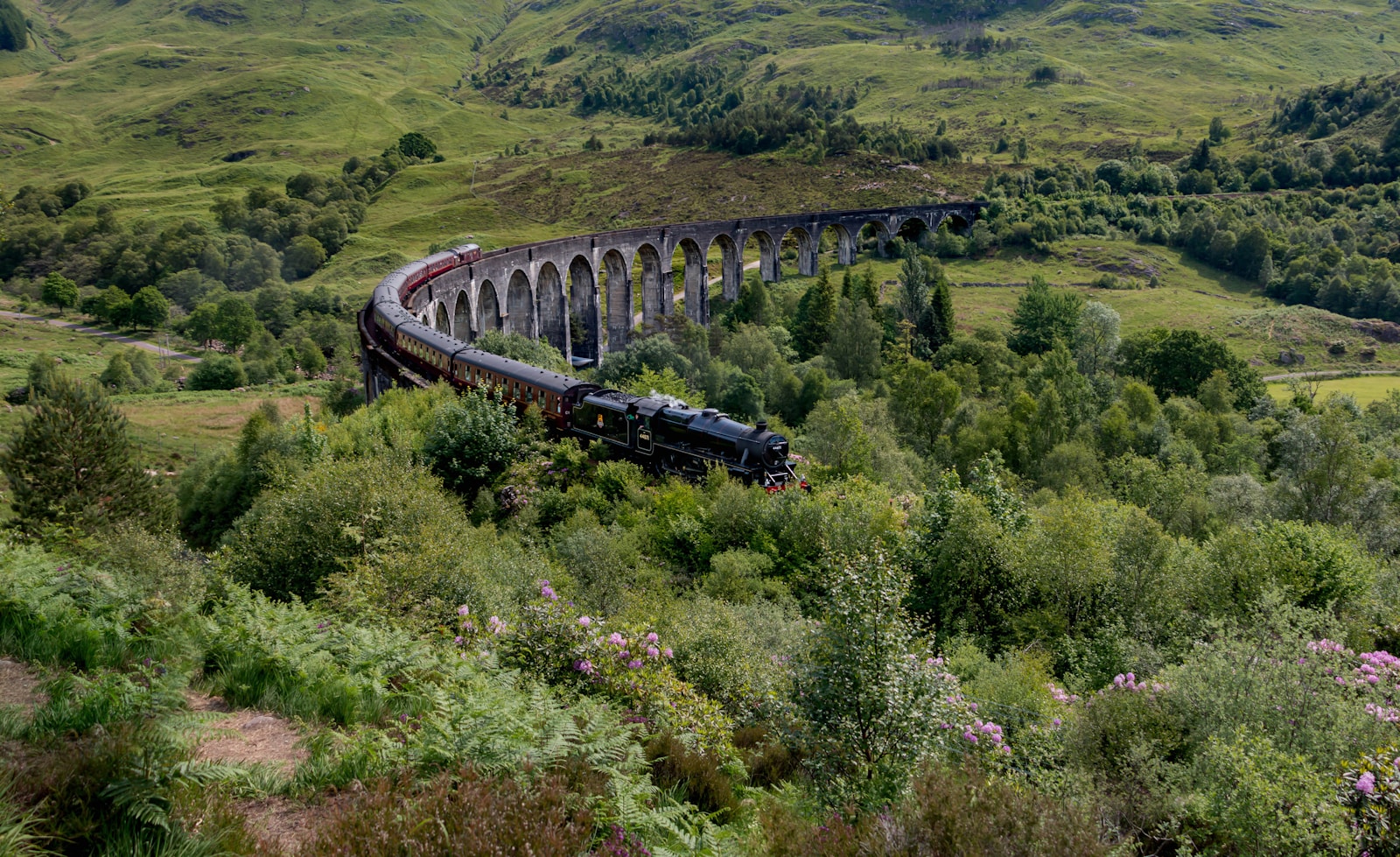 Steam train crossing Glenfinnan Viaduct on Scotland's West Highland Line