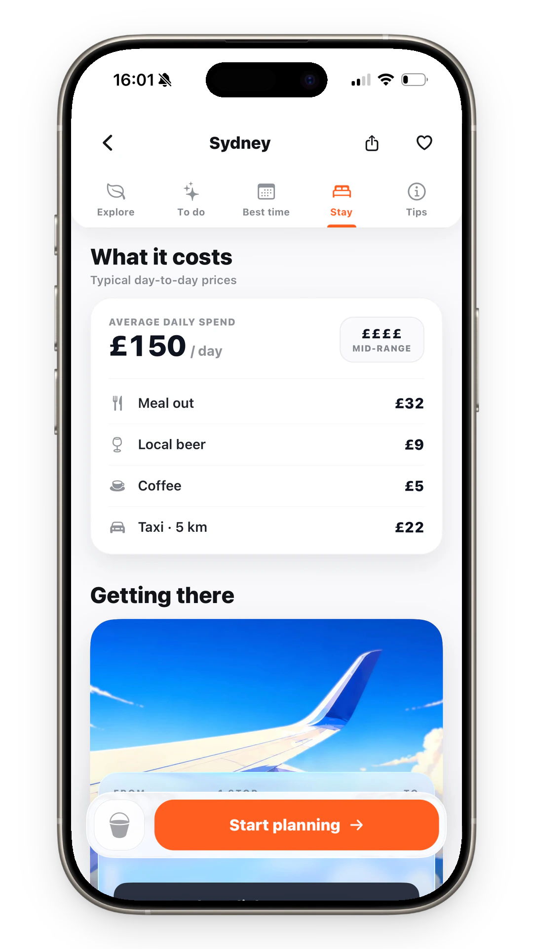 TripMemo Sydney guide showing typical daily spend and local travel costs
